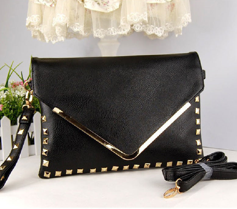 Large Metal Studded Leather Look Shoulder Bag A4 Clutch - Dshop.com.au