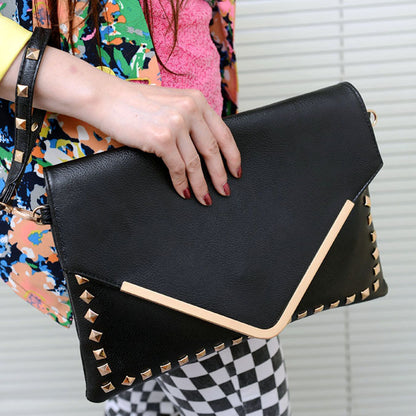 Large Metal Studded Leather Look Shoulder Bag A4 Clutch - Dshop.com.au