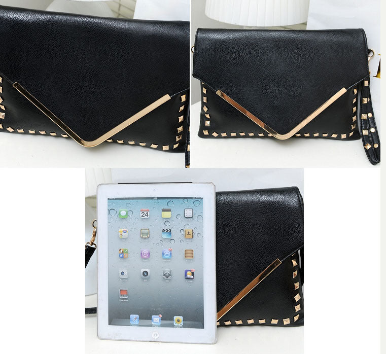 Large Metal Studded Leather Look Shoulder Bag A4 Clutch - Dshop.com.au