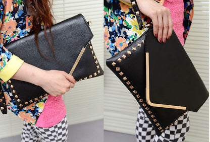 Large Metal Studded Leather Look Shoulder Bag A4 Clutch - Dshop.com.au