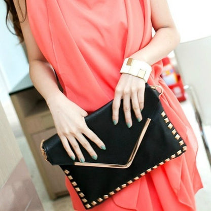 Large Metal Studded Leather Look Shoulder Bag A4 Clutch - Dshop.com.au