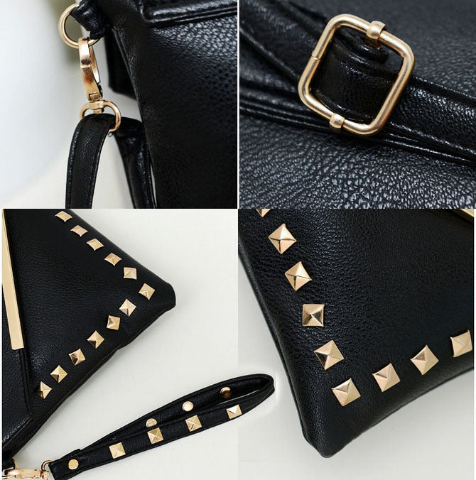 Large Metal Studded Leather Look Shoulder Bag A4 Clutch - Dshop.com.au