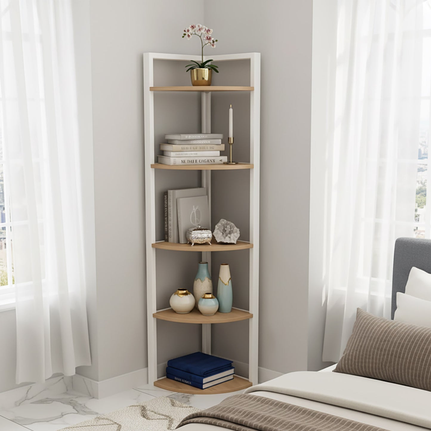 Optima 5 Tier Wood & Steel Corner Shelf Organizer Unit (Rustic Oak & White)