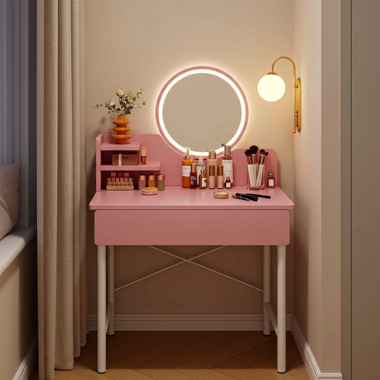 LED Mirror Makeup Vanity Dressing Table Pink Desk with Drawer Storage