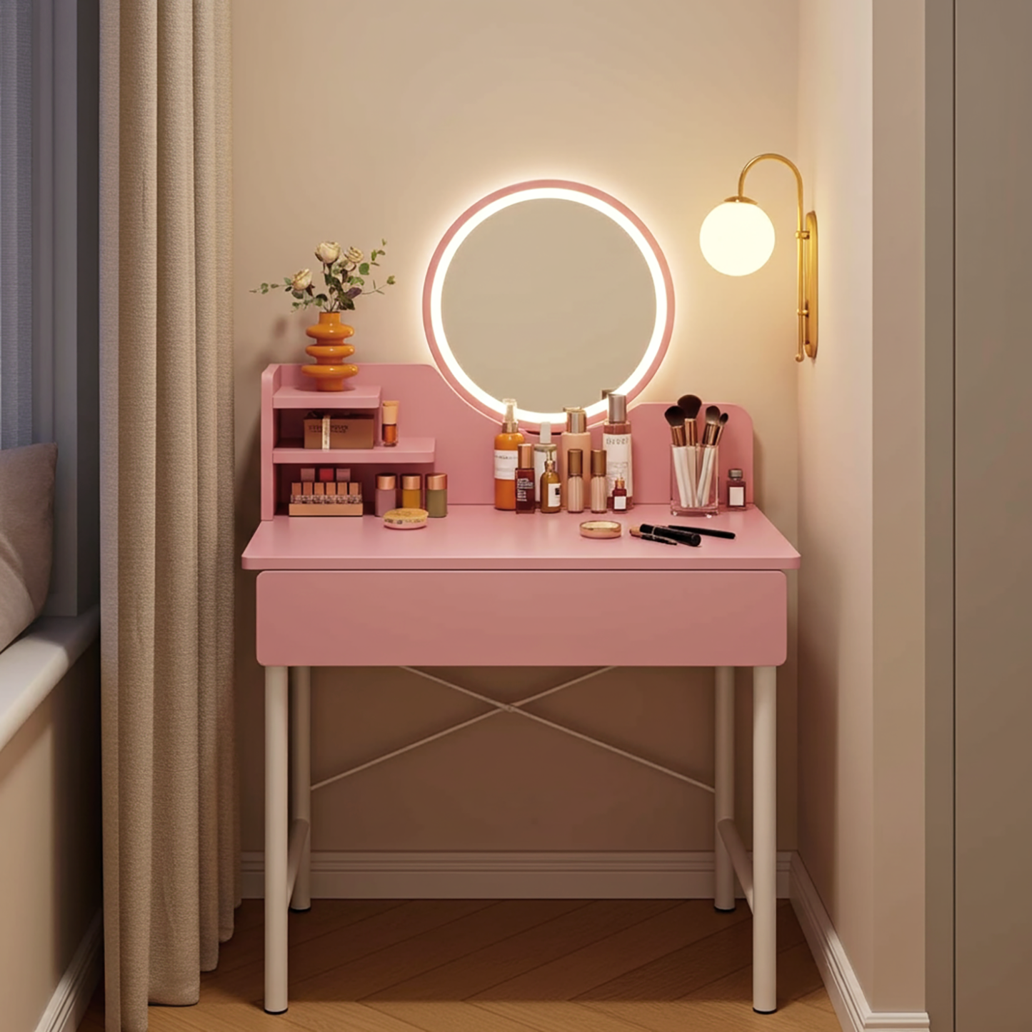 LED Luminous Mirror Makeup Vanity Dressing Table Pink Dresser with Drawer Storage