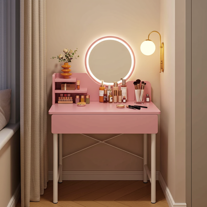 LED Luminous Mirror Makeup Vanity Dressing Table Pink Dresser with Drawer Storage