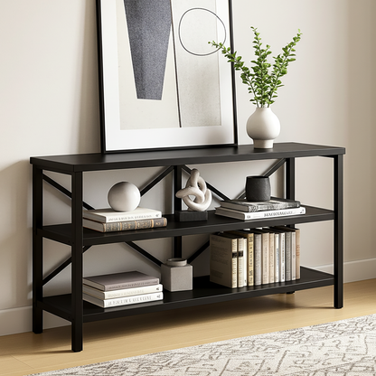 Serenity Industrial Console Table Bookcase TV Stand Storage Shelf Unit (Black)