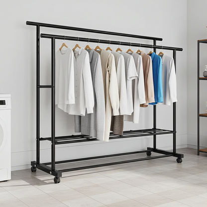 Large 1.5m Wide Double 2-Tier Coat Hanging Stand Wardrobe Clothes Hanger Rack (Black)