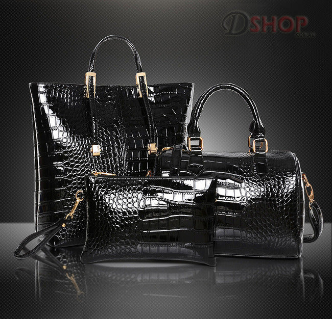 3 PCS Luxe Leather Handbag Set, Large Tote, Shoulder Bag, Clutch Purse Wallet (Black) - Dshop.com.au