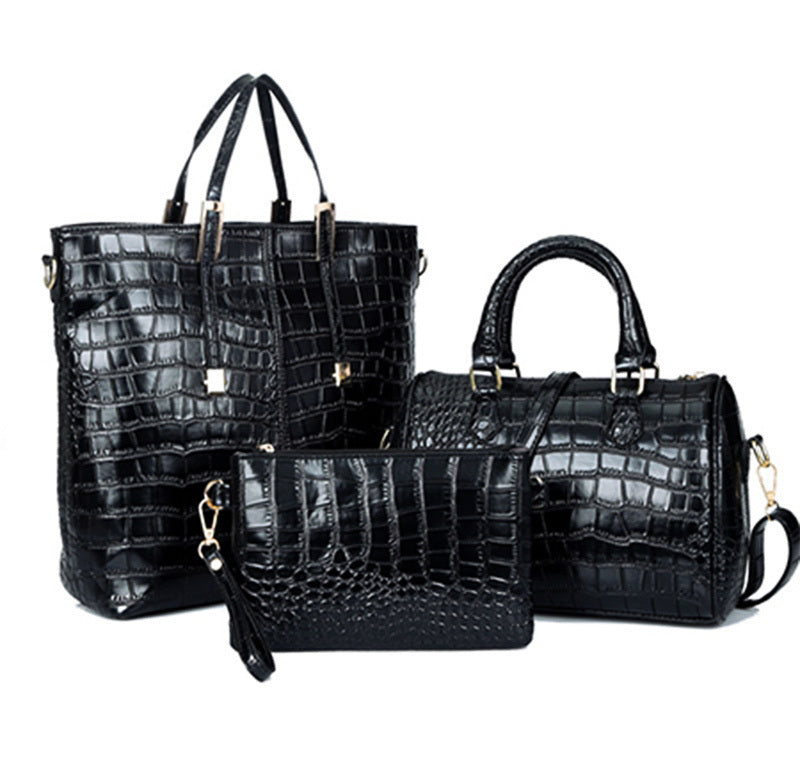 3 PCS Luxe Leather Handbag Set, Large Tote, Shoulder Bag, Clutch Purse Wallet (Black) - Dshop.com.au