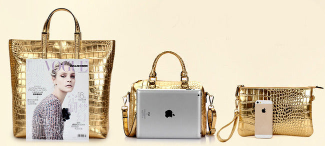 3 PCS Luxe Leather Handbag Set, Large Tote, Shoulder Bag, Clutch Purse Wallet (Gold) - Dshop.com.au