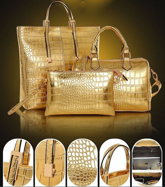 3 PCS Luxe Leather Handbag Set, Large Tote, Shoulder Bag, Clutch Purse Wallet (Gold) - Dshop.com.au