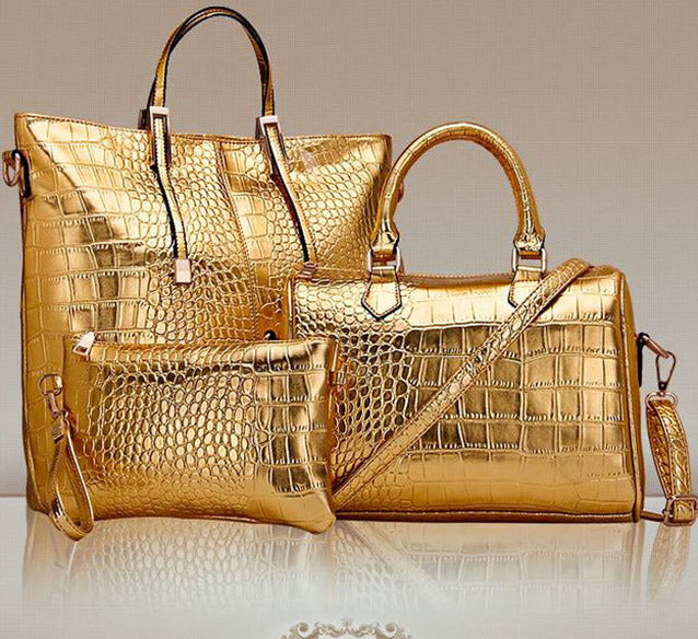 3 PCS Luxe Leather Handbag Set, Large Tote, Shoulder Bag, Clutch Purse Wallet (Gold) - Dshop.com.au