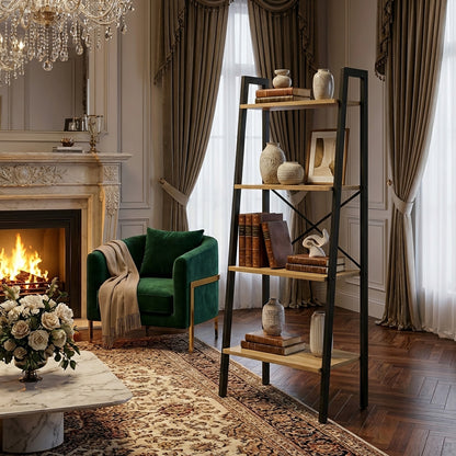 Elevate Rustic Oak 4-Tier Ladder Shelf Wood & Metal Bookcase Storage Organizer