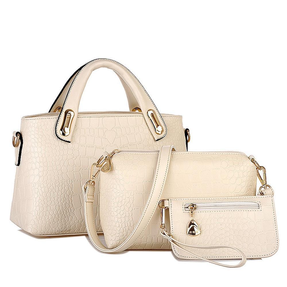 3 Pieces PU Leather Handbag Set, Tote, Shoulder Bag, Clutch Purse Wallet (Cream) - Dshop.com.au