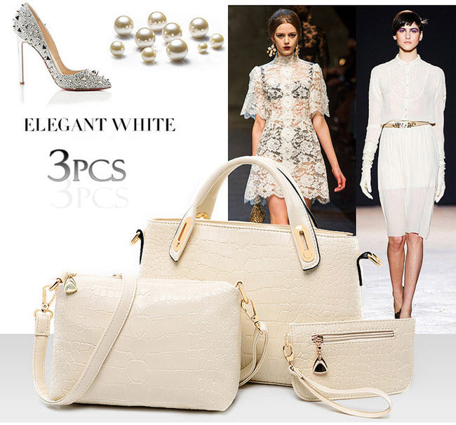 3 Pieces PU Leather Handbag Set, Tote, Shoulder Bag, Clutch Purse Wallet (Cream) - Dshop.com.au