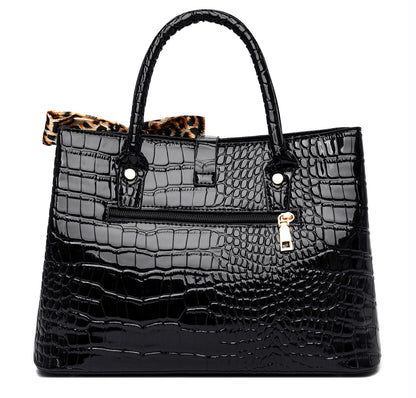 3 PCS Luxe Faux Crocodile Leather Handbag Set, Large Tote, Shoulder Bag, Purse Wallet (Black) - Dshop.com.au