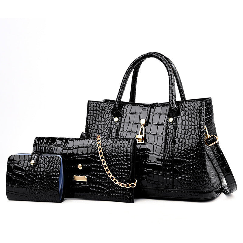 3 PCS Luxe Faux Crocodile Leather Handbag Set, Large Tote, Shoulder Bag, Purse Wallet (Black) - Dshop.com.au