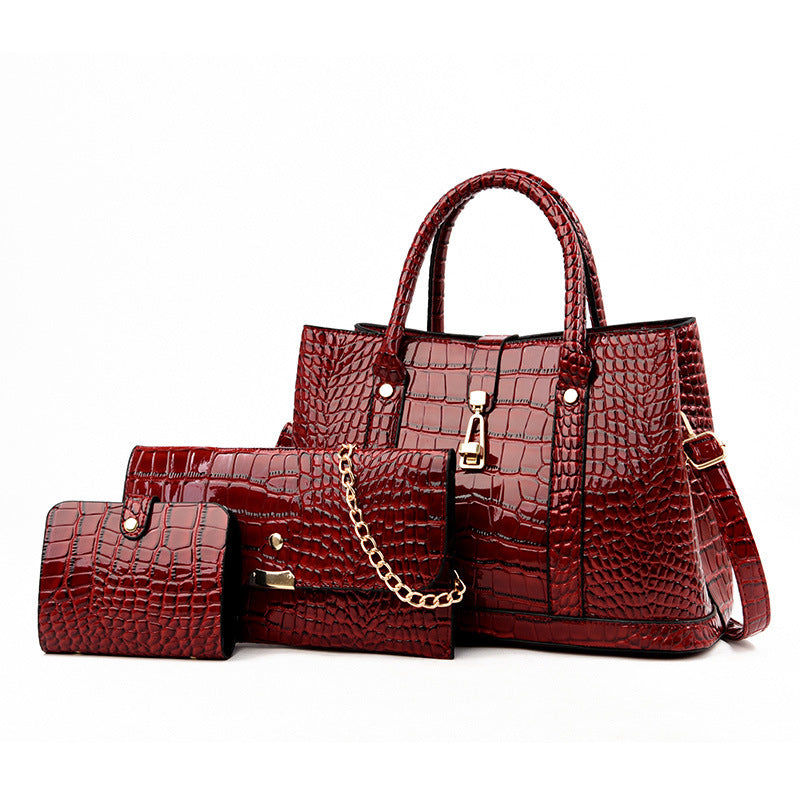 3 PCS Luxe Faux Crocodile Leather Handbag Set, Large Tote, Shoulder Bag, Purse Wallet (Red) - Dshop.com.au