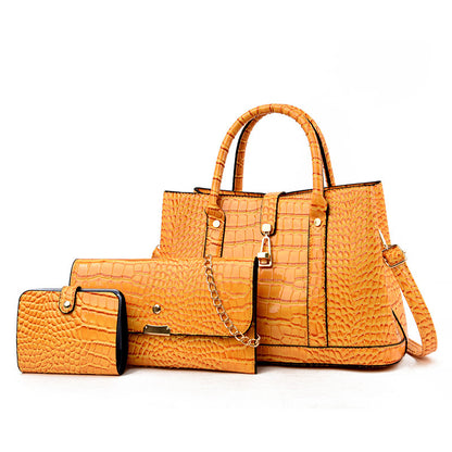 3 PCS Luxe Faux Crocodile Leather Handbag Set, Large Tote, Shoulder Bag, Purse Wallet (Yellow) - Dshop.com.au