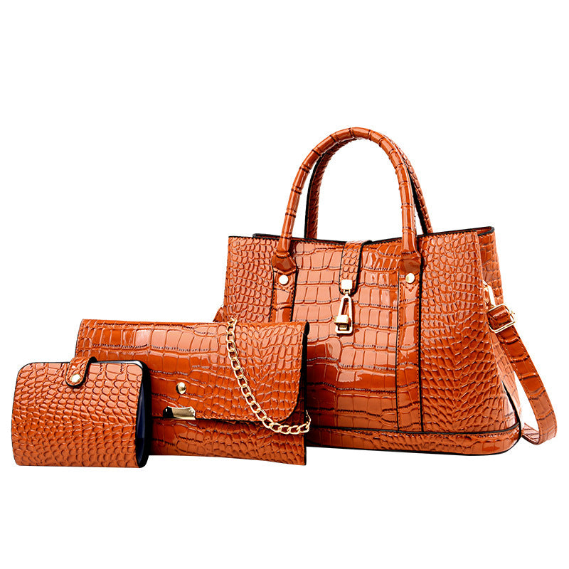 3 PCS Luxe Faux Crocodile Leather Handbag Set, Large Tote, Shoulder Bag, Purse Wallet (Brown) - Dshop.com.au