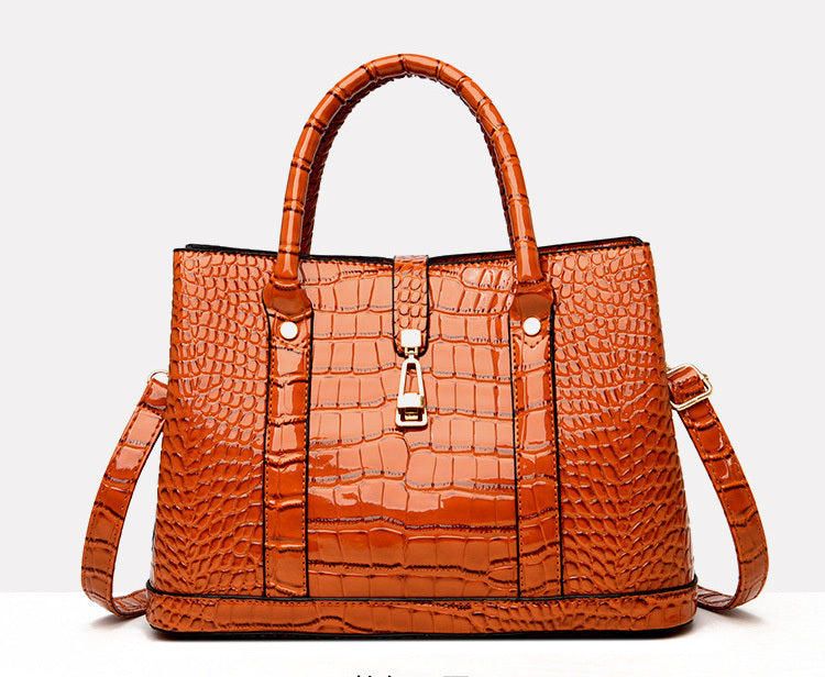 3 PCS Luxe Faux Crocodile Leather Handbag Set, Large Tote, Shoulder Bag, Purse Wallet (Brown) - Dshop.com.au