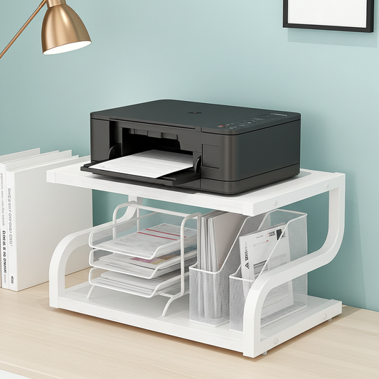 Deluxe Rustic Oak Desktop Shelf Wood & Steel Printer Stand Storage Rack Organizer (White)
