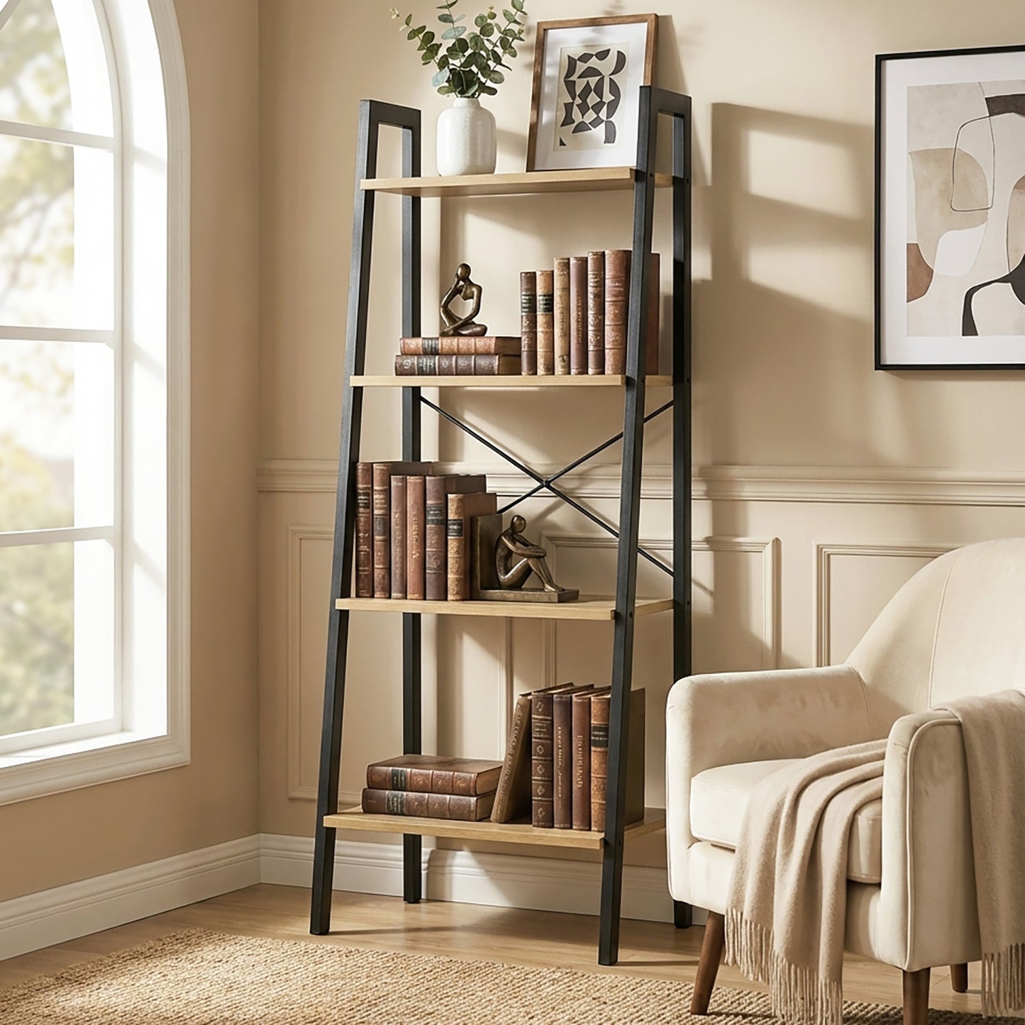 Elevate Rustic Oak 4-Tier Ladder Shelf Wood & Metal Bookcase Storage Organizer