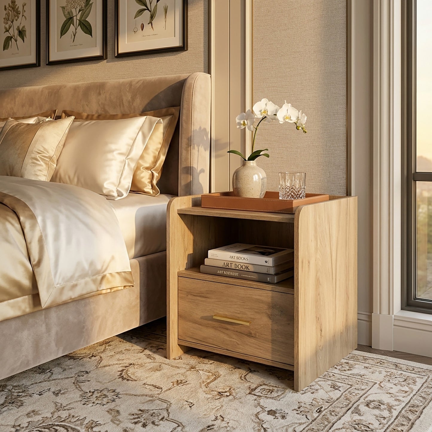 Serene Bedside Table Nightstand with Drawer (Rustic Oak)