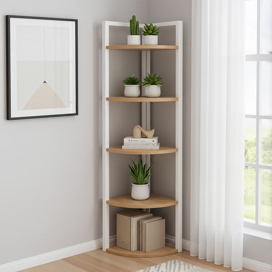 Optima 5 Tier Wood & Steel Corner Shelf Organizer Unit (Rustic Oak & White)
