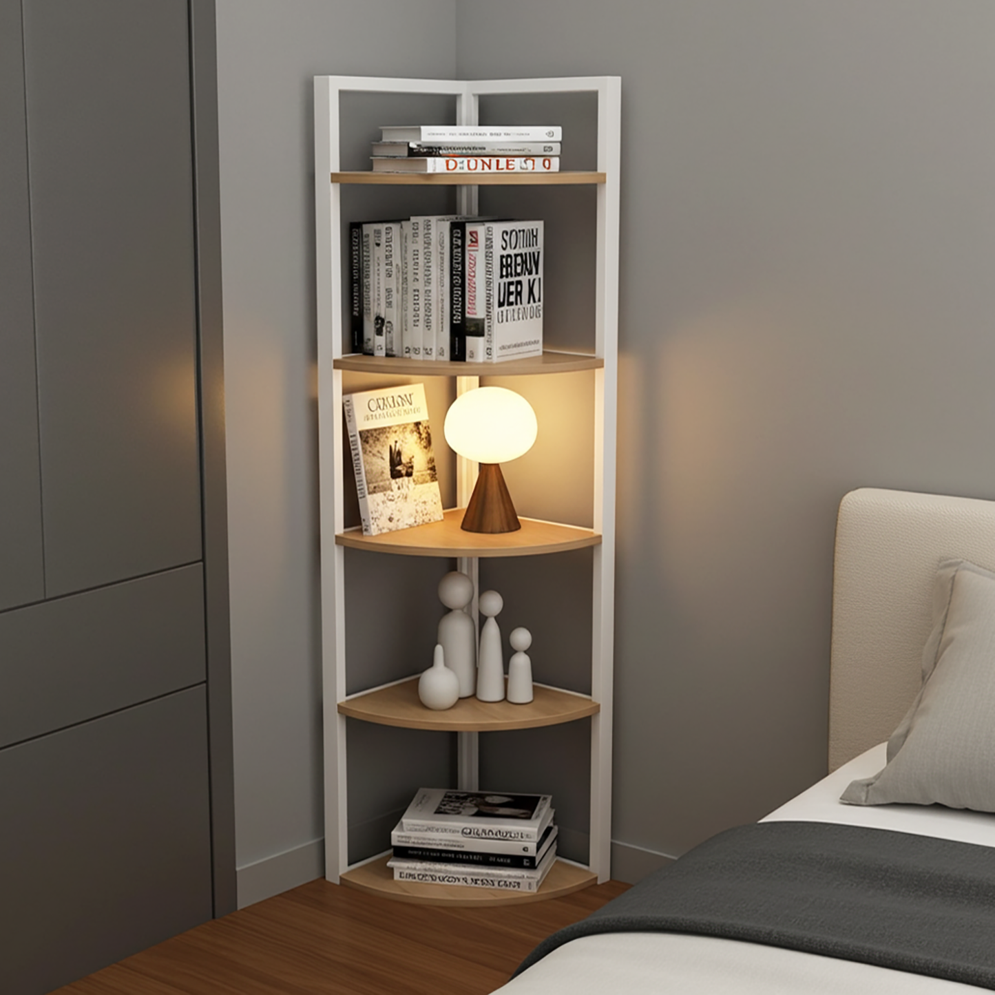 Optima 5 Tier Wood & Steel Corner Shelf Organizer Unit (Rustic Oak & White)