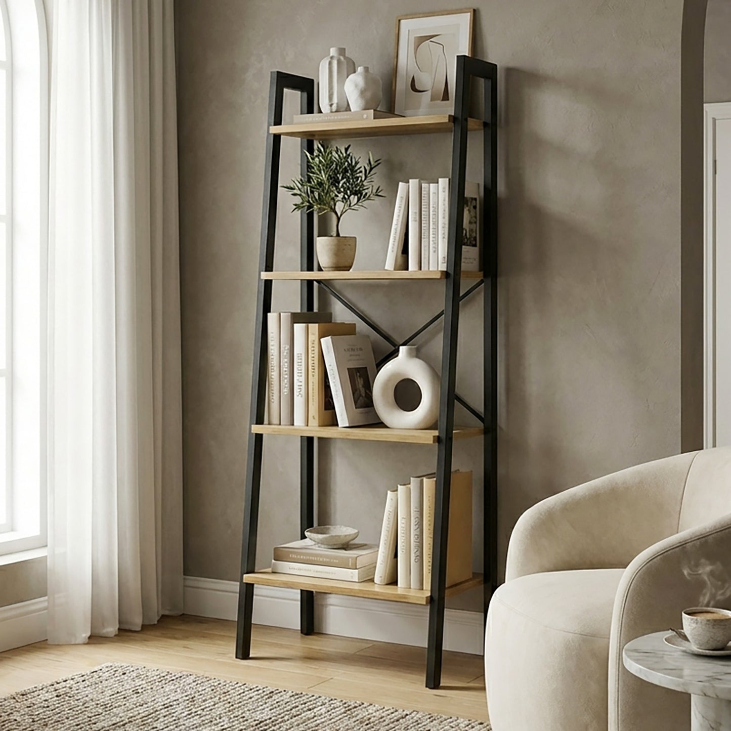 Elevate Rustic Oak 4-Tier Ladder Shelf Wood & Metal Bookcase Storage Organizer