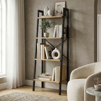 Elevate Rustic Oak 4-Tier Ladder Shelf Wood & Metal Bookcase Storage Organizer