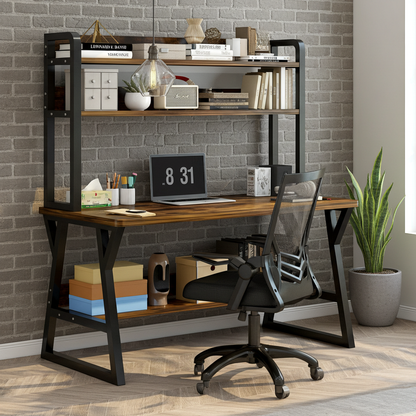 Aspire Large Industrial Office Computer Desk Workstation with Bookshelf (Rustic Wood)