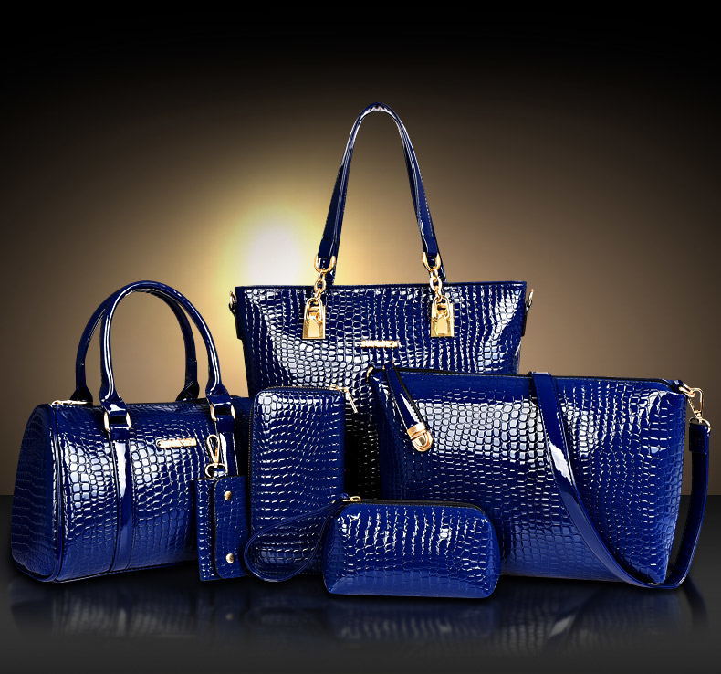 6 Pieces Leather Handbag Set Tote Shoulder Bag Clutch Purse Coin Wallet (Blue) - Dshop.com.au