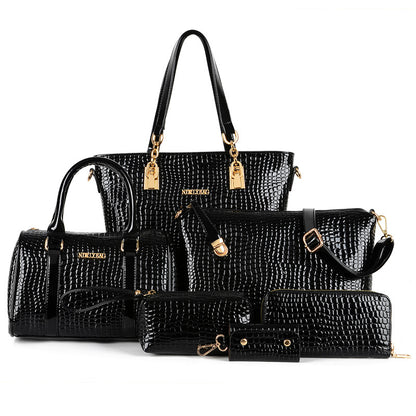 6 Pieces Leather Handbag Set Tote Shoulder Bag Clutch Purse Coin Wallet (Black) - Dshop.com.au