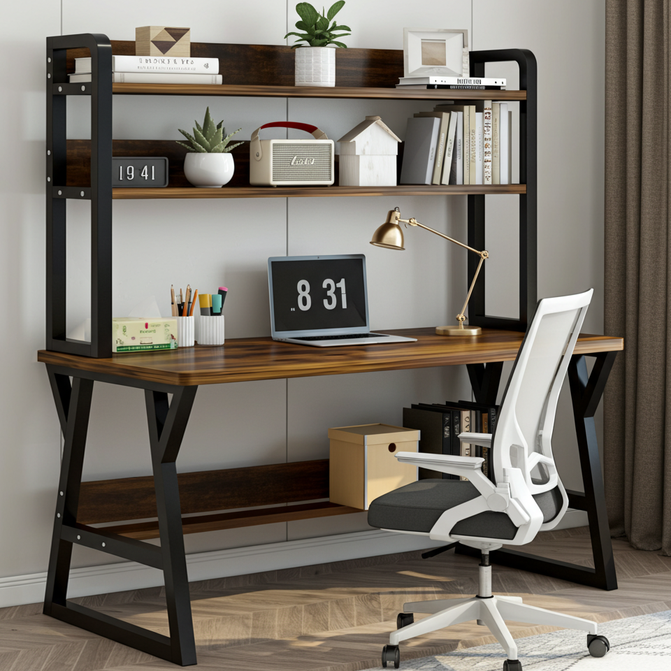 Aspire Large Industrial Office Computer Desk Workstation with Bookshelf (Rustic Wood)