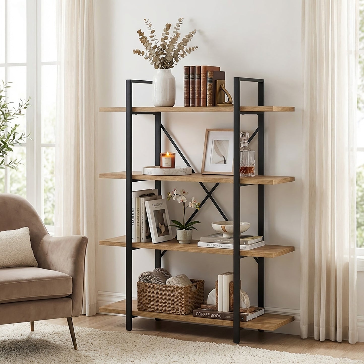 Envision Rustic Oak 4-Tier Bookcase Storage Shelf Organizer