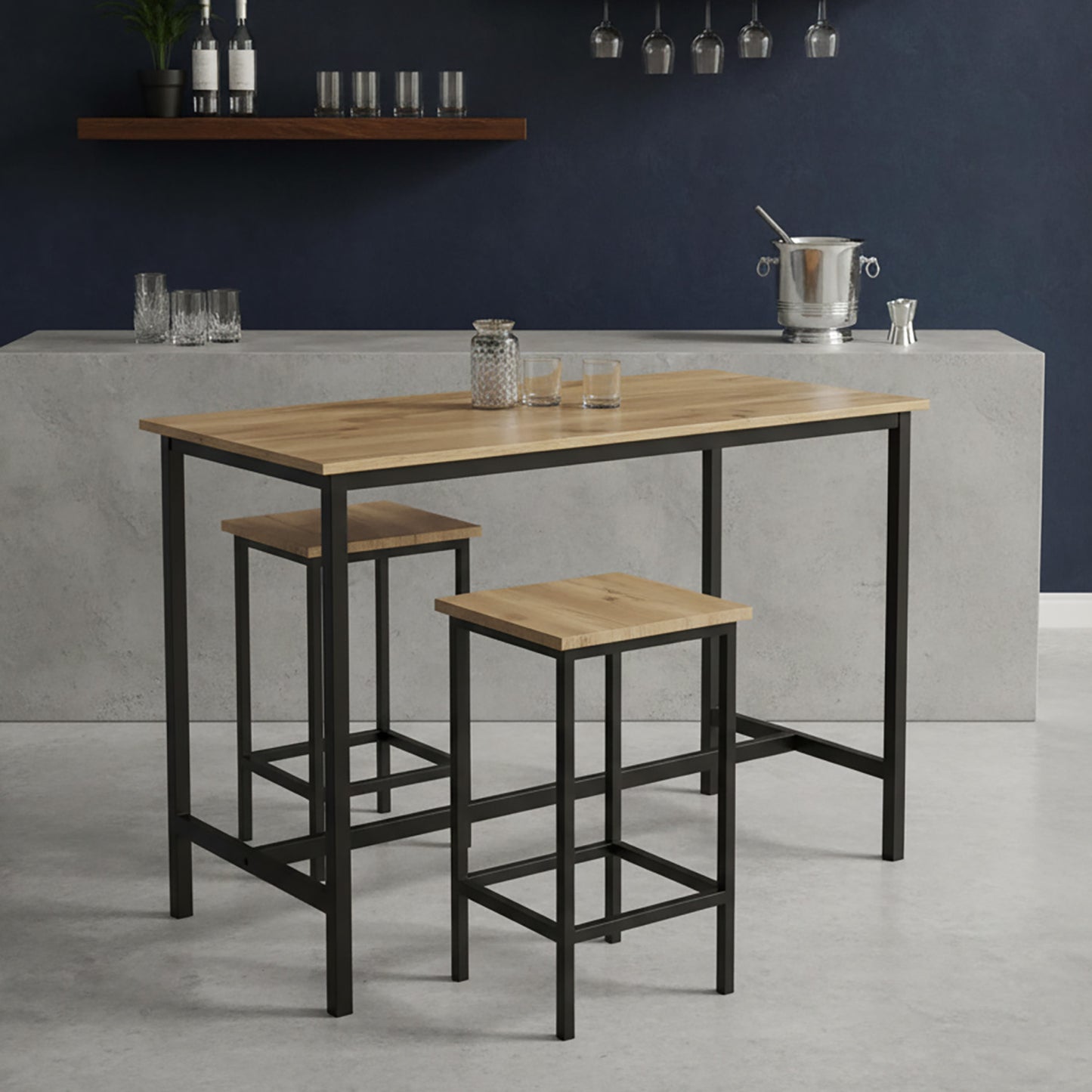 3 Piece Grandeur Premium Wood & Steel Bar Table and Stools Dinning Set (Rustic Oak)