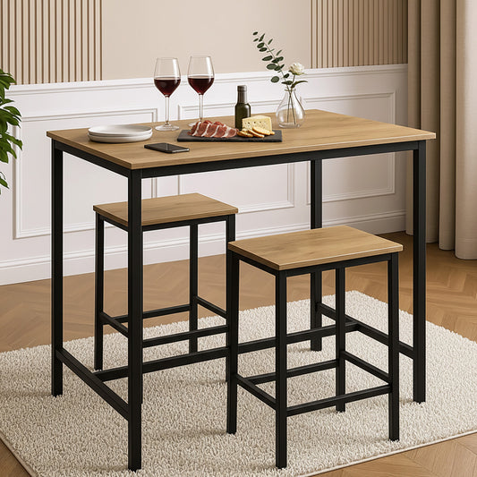 3 Piece Grandeur Premium Wood & Steel Bar Table and Stools Dinning Set (Rustic Oak)