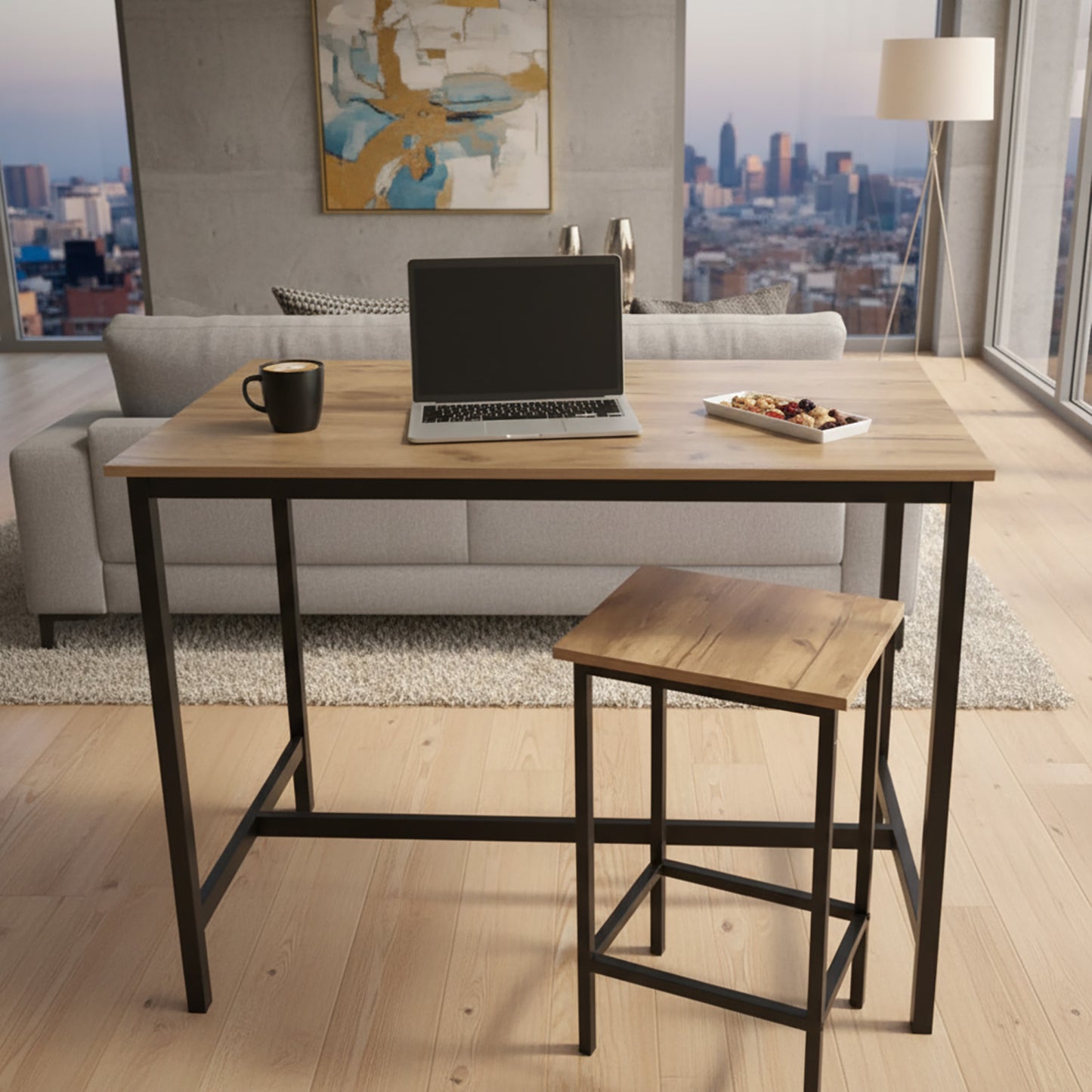 3 Piece Grandeur Premium Wood & Steel Bar Table and Stools Dinning Set (Rustic Oak)