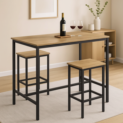 3 Piece Grandeur Premium Wood & Steel Bar Table and Stools Dinning Set (Rustic Oak)