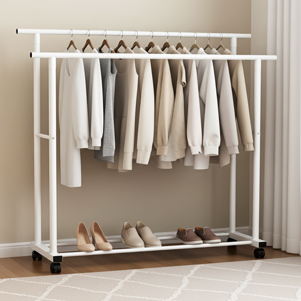 Large 1.5m Wide Double Coat Hanging Stand Wardrobe Clothes Hanger Rack (White)