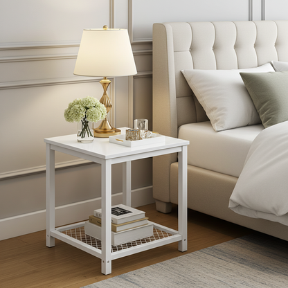 Loft White Industrial Wood & Steel Side Table with Storage Shelf