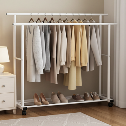 Large 1.5m Wide Double Coat Hanging Stand Wardrobe Clothes Hanger Rack (White)