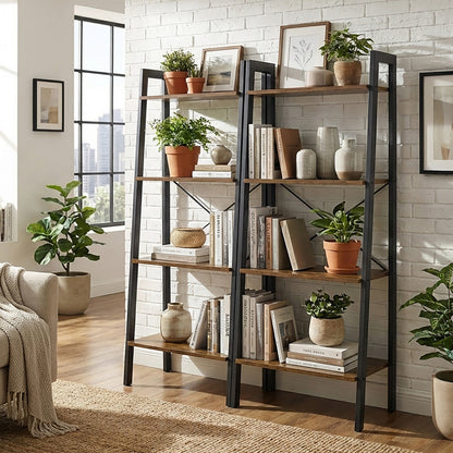 Elevate Rustic Wood & Metal 4-Tier Ladder Shelf Bookcase Storage Organizer