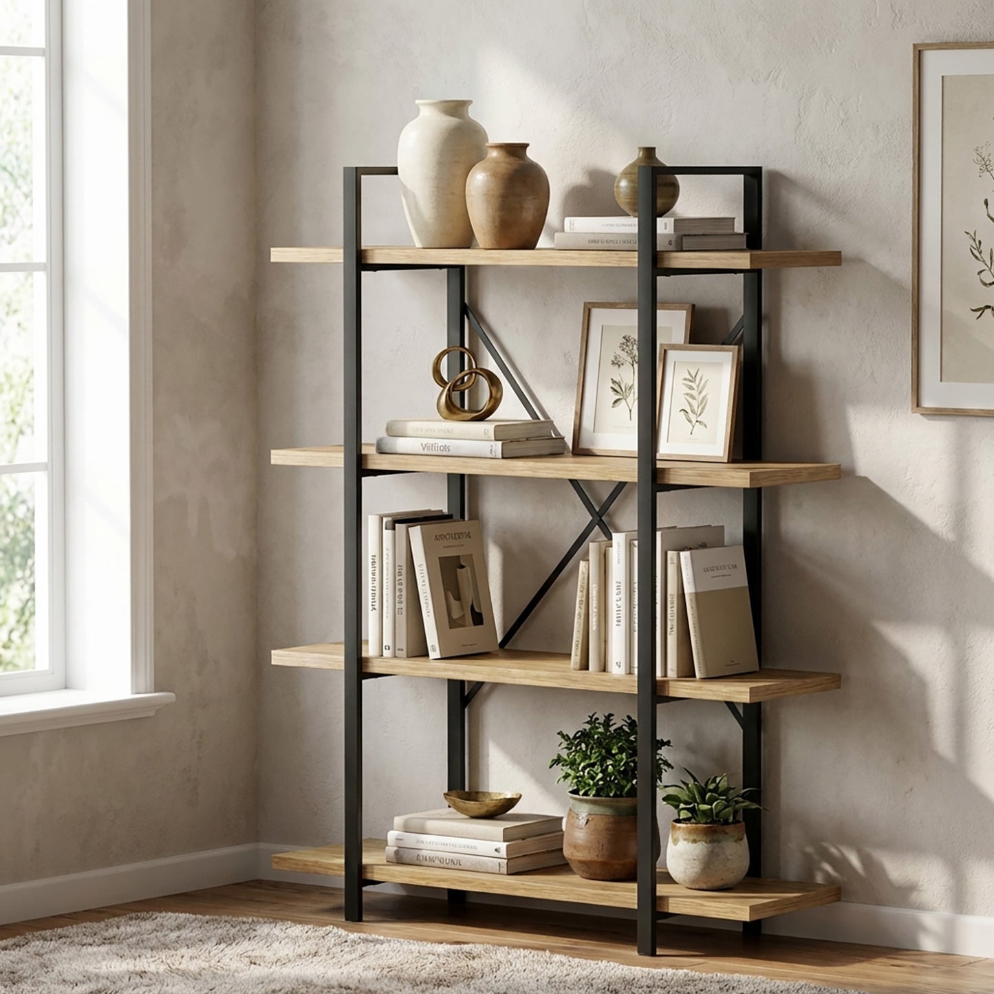 Envision Rustic Oak 4-Tier Bookcase Storage Shelf Organizer