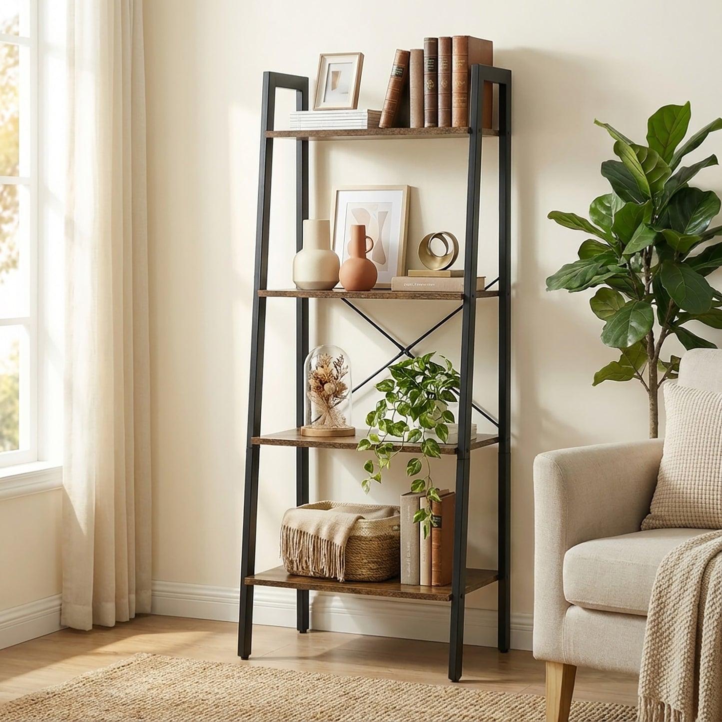 Elevate Rustic Wood & Metal 4-Tier Ladder Shelf Bookcase Storage Organizer