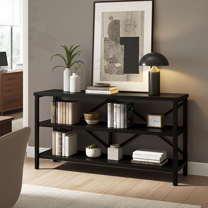 Serenity Industrial Console Table Bookcase TV Stand Storage Shelf Unit (Black)