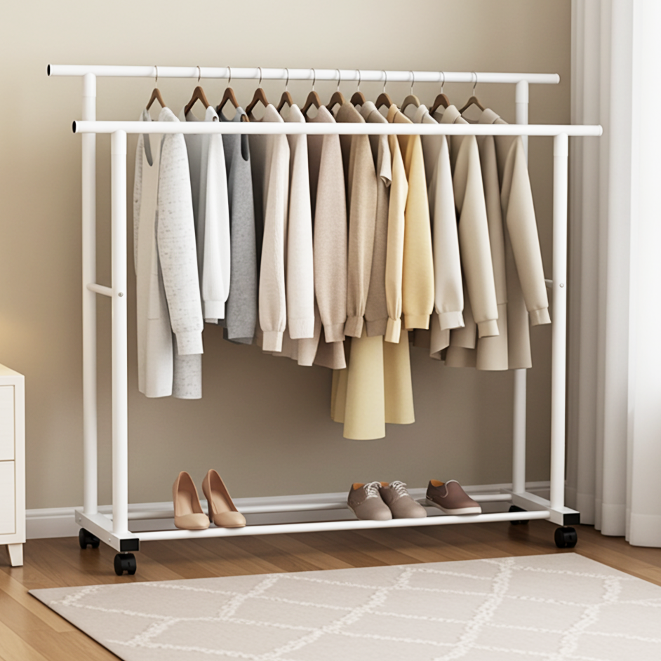Large 1.5m Wide Double Coat Hanging Stand Wardrobe Clothes Hanger Rack (White)